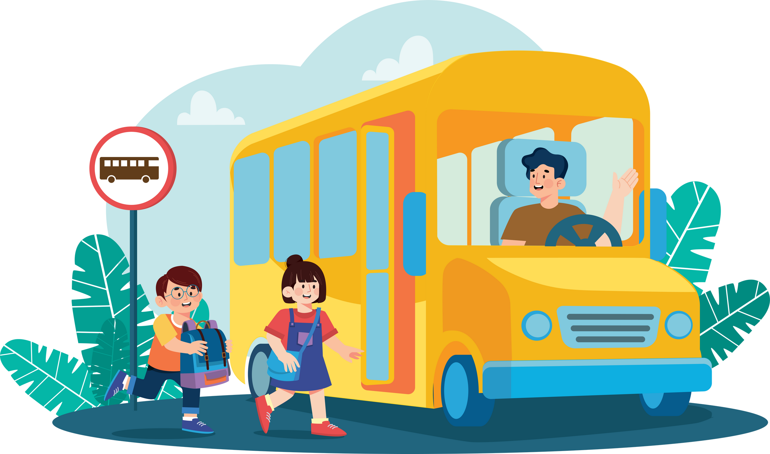 students go to school by school bus illustration concept